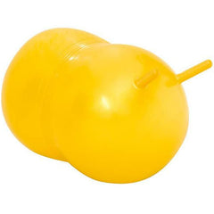 Image of a yellow elliptical jump ball with rubber handles against a white background.