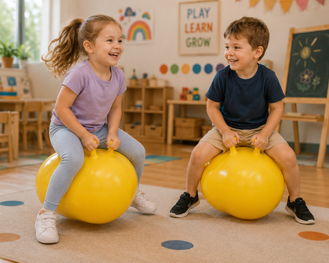 Two children enjoying Elliptical Jump Balls in a bright preschool play setting.