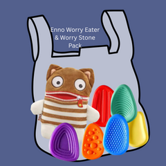 Image of a Worry stone set with a brown and white striped Enno Plush Worry Eater with a zipper mouth