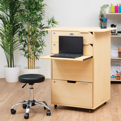 Ergerite Height Adjustable Stool with castors positioned beside a mobile workstation in a flexible learning environment