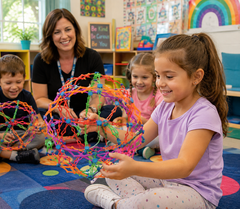 Children exploring colourful Hoberman Spheres with a teacher in a vibrant classroom setting.