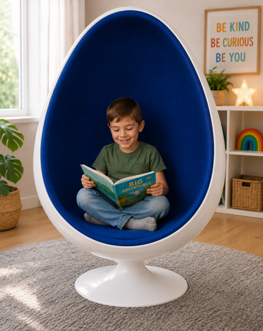 A fiberglass swivel floor egg chair with a white exterior and a blue cushion holds a child comfortably seated inside, reading a book.
