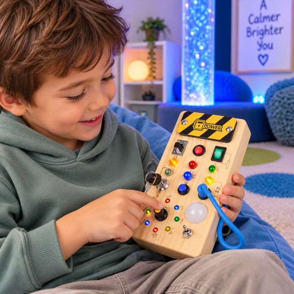 Fidget Switch Box with LED lights and sound supporting sensory play and fine motor skills in a sensory space.