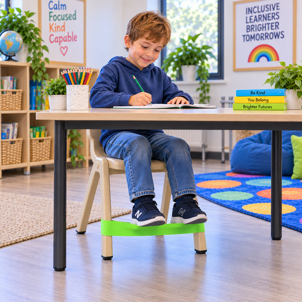 Child using a Fidget Chair Band with feet resting on the sensory band while seated at a classroom desk.