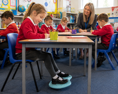 Student using a Fidgety Feet Concentration Aid Board while learning in a busy classroom.