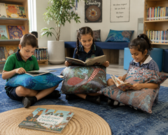 Children reading books while relaxing on First Nations People Cushions in a school library.