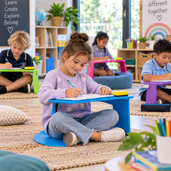 Student using a portable flexible classroom desk while classmates work in a modern learning space.