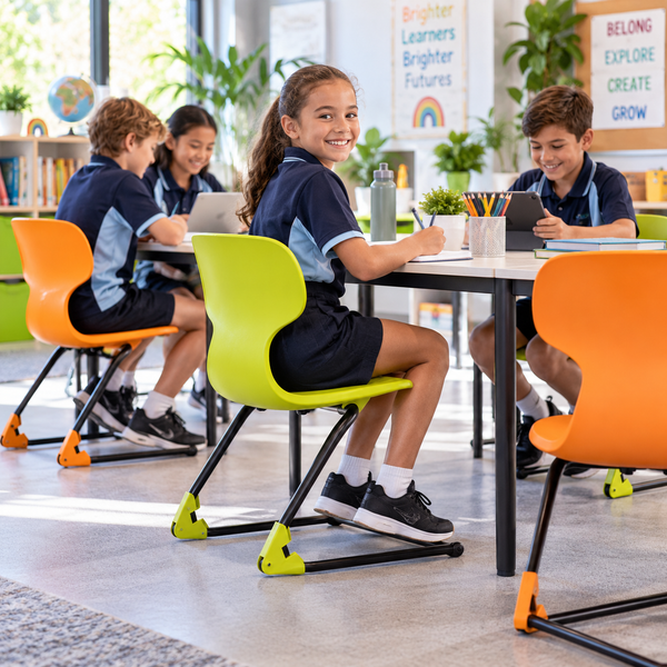 Flexible Seating School Chairs in lime and orange with students learning in a modern classroom.