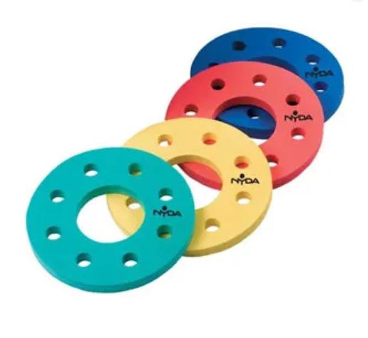  set of 4 Foam Flying Discs in teal green, yellow, red, and blue