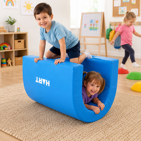 Children enjoying a blue Foam Arch during sensory play in a bright preschool setting.