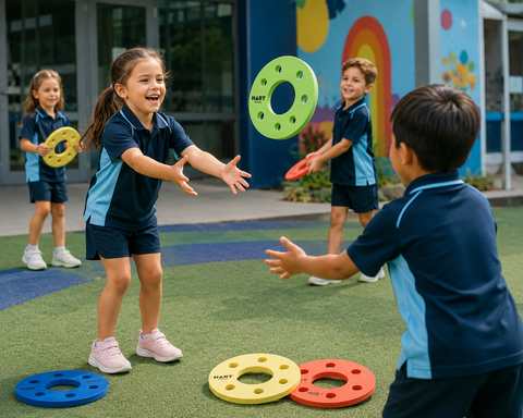 Children playing with colourful foam flying discs in a school playground.