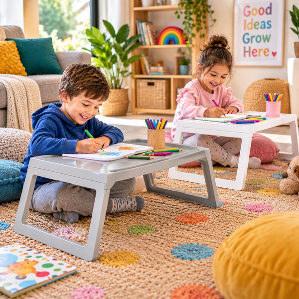 Foldable Floor Activity Tables for kids drawing and learning in a vibrant home play space.