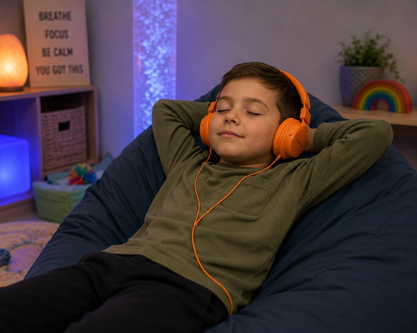 Child relaxing on a bean bag wearing orange wired headphones in a calming sensory space.