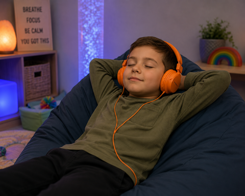 Child relaxing on a bean bag wearing orange wired headphones in a calming sensory space.