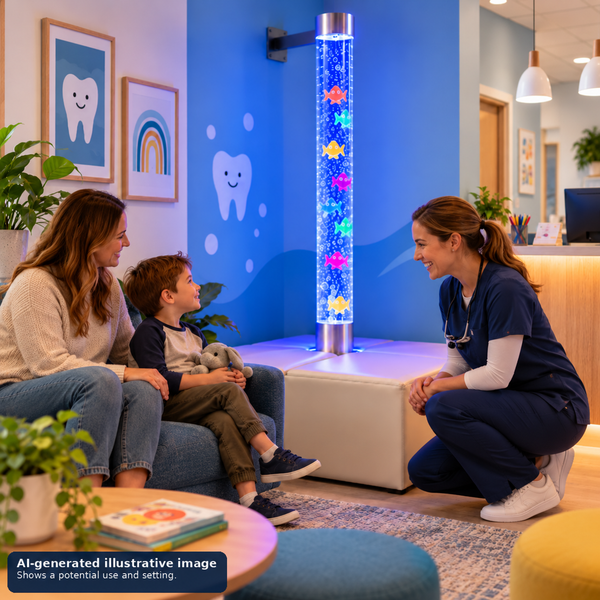 child at dentist with bubble tube for calming
