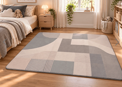 Geometric pattern memory foam floor mat in a bedroom setting 