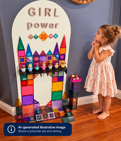 Young girl admiring a colourful magnetic tile castle she has built on a white coloured Magnetic Chalk Wall Archway that encourages constructive play, creativity and problem-solving.