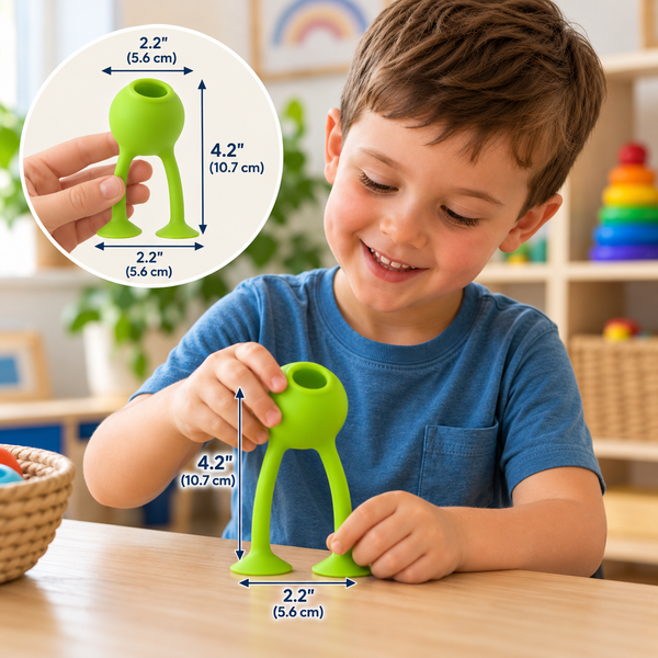 A child is playing with a green Oogi Bongo toy by Moluk.