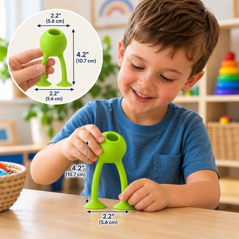 A child is playing with a green Oogi Bongo toy by Moluk.