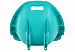 Rear view of a green rocking floor chair