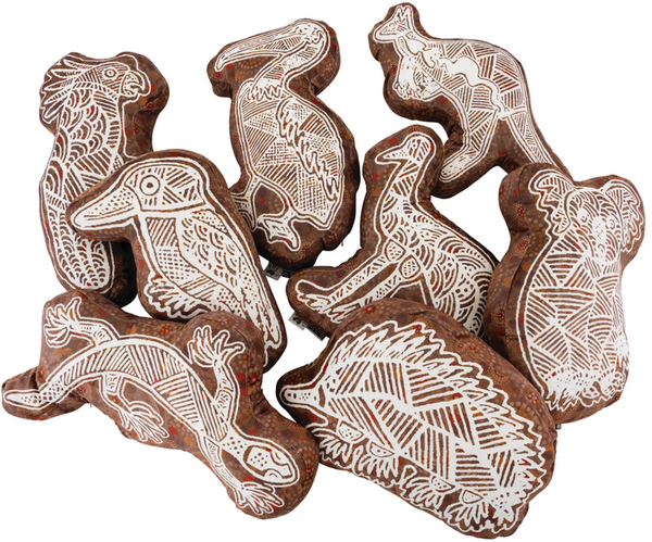 Gumbula First Nations Land Animal Cushions Set of 8 featuring authentic Indigenous artwork by Uncle John Smith Gumbula of a cockatoo, kookaburra, pelican, kangaroo, emu, koala, goanna, and echidna
