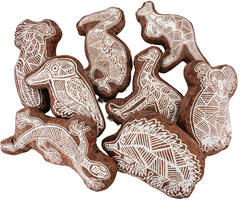 Gumbula First Nations Land Animal Cushions Set of 8 featuring authentic Indigenous artwork by Uncle John Smith Gumbula of a cockatoo, kookaburra, pelican, kangaroo, emu, koala, goanna, and echidna