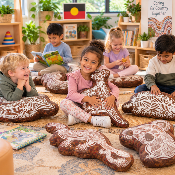 Gumbula First Nations Land Animal Cushions with Indigenous artwork in a preschool learning space.