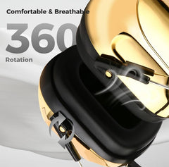 Gold and black headphones with 360 rotation feature on a gray background