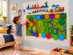 Child in a bedroom setting using a colourful vertical gear and peg construction wall, supporting STEM learning, fine motor skills, hand-eye coordination, spatial reasoning, problem-solving, and creativity.