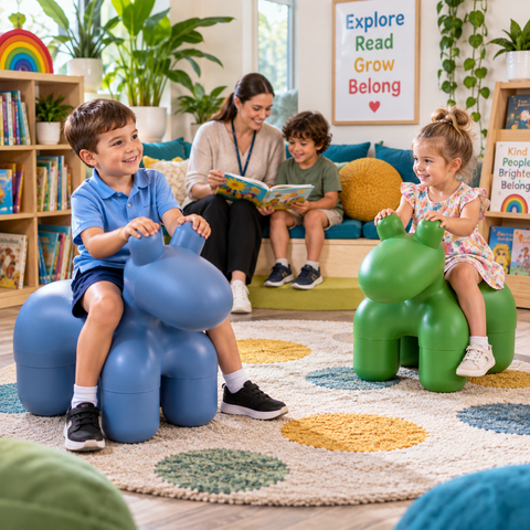 Blue and green Hippo Chairs with children enjoying a cosy school reading and sensory space.