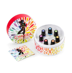 This is an image of Chakra Blends Essential Oils Set. They are in a round container with the lid and a booklet on the side. The colours on the tops of the bottles are purple, blue, green, yellow, orange, green and pink
