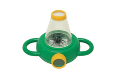 An image of a two way viewer - magnifier, with a black spider inside featuring a green base, a clear section, and yellow rims.