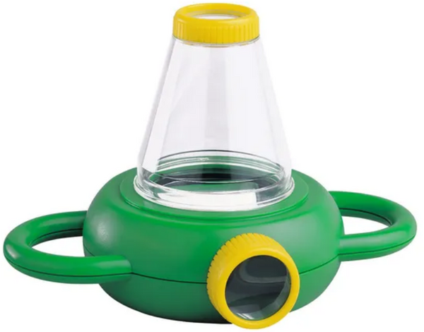 An image of a two way viewer - magnifier featuring a green base, a clear section, and yellow rims.