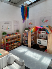This is an image of the Wooden Interactive Play Stand and Retreat Den set up in a dramatic play area.