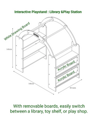 Diagram of an interactive playstand and retreat den with dimensions and features highlighted.