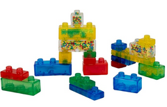 Individual Jelly Blox of colours red, yellow, green, and clear with little beads inside.