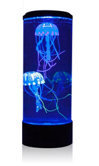 Blue lit Jelly Fish Tank – Round Black with two realistic floating jellyfish, colour-changing LED lighting and quiet operation for sensory rooms, therapy clinics, classrooms, aged care settings and home environments.