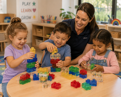 Children playing with colourful Jelly Blox Sensory Building Blocks with a teacher in a preschool setting.