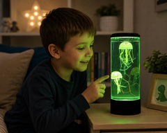 Child watching a glowing Jelly Fish Tank in a calming home setting.