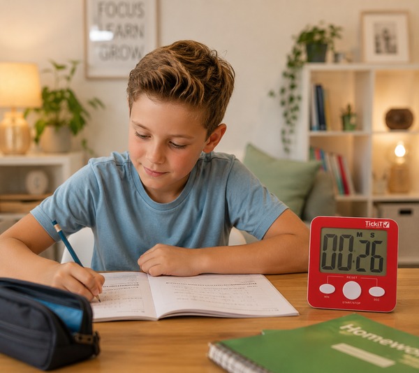 Child using a Jumbo Digital Timer while completing homework in a relaxed home study setting.