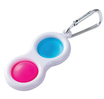 Keychain bubble pop fidget with one pink and one blue popping bubble in white plastic