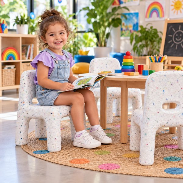 Kids Confetti Chair made from recycled plastic in a vibrant preschool classroom with a child reading.