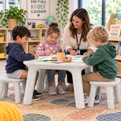 Kids Confetti Table for flexible classroom learning, with children enjoying arts and crafts with their teacher.