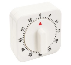 White coloured 60-minute mechanical kitchen timer with easy-read dial and bell alert for classroom time management