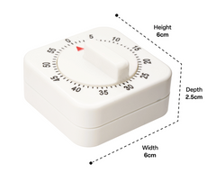 Dimensions of the white coloured  60-minute mechanical kitchen timer with easy-read dial and bell alert for classroom time management