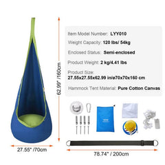 This is an image of a Kids Hanging Pod Hammock with all specifications showing.