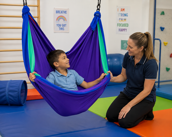 Child enjoying a layered Lycra therapy hammock with a teacher in a school sensory gym.