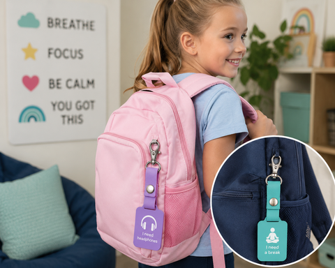 Child wearing a backpack with colourful leather straps and sensory reminder tags attached.