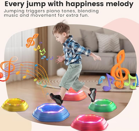 Young boy stepping on the Light Up Stepping Stones