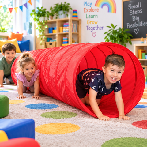 Children enjoying a red Lightweight Play Tunnel for sensory play and motor development in preschool.